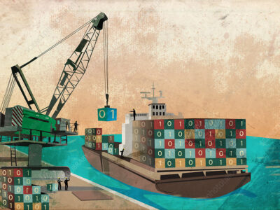 Shipping industry with loading binary code containers on ship representing the concept of software export, illustration.