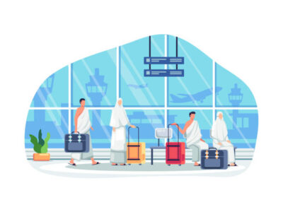 Islamic Pilgrims Waiting For Departure At Airport. Islamic pilgrims at airport waiting for pilgrimage trip to Mecca. Muslims people in hajj mabrur. Vector illustration in a flat style