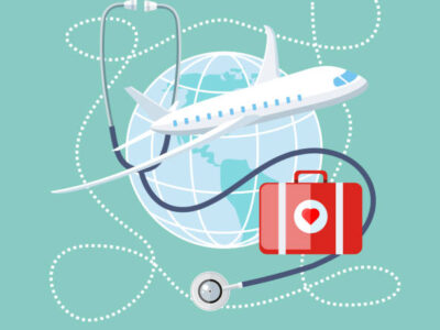 Flat design style modern concept of medical services abroad, along with the rest. Medical stethoscope around the globe, airplane and doctor bag with a red heart. Medical Tourism